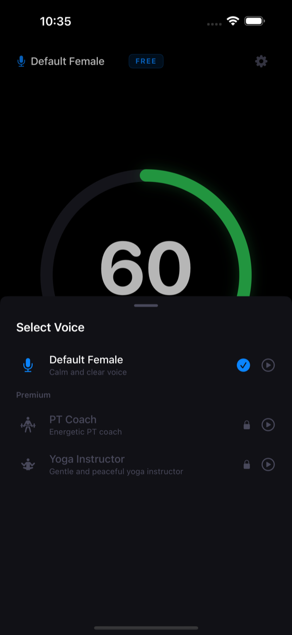 Voice character selection — Default Female, PT Coach, Yoga Instructor