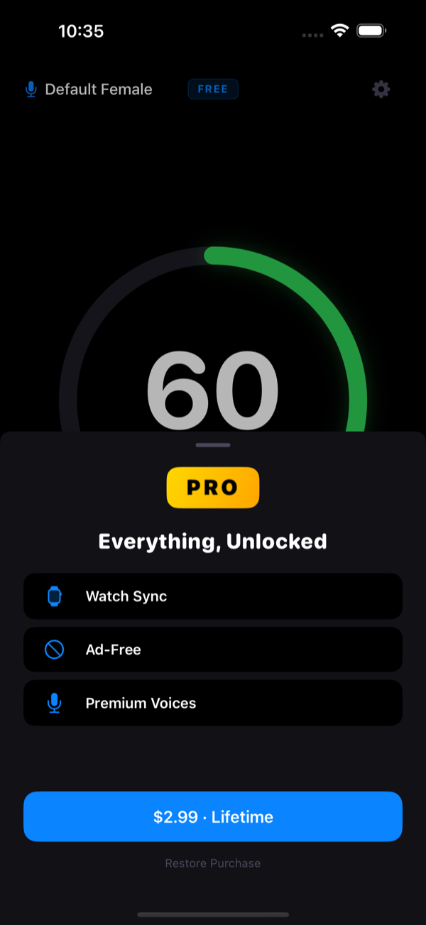 Premium upgrade sheet — one-time purchase that unlocks PT Coach, Yoga, Apple Watch, and removes ads
