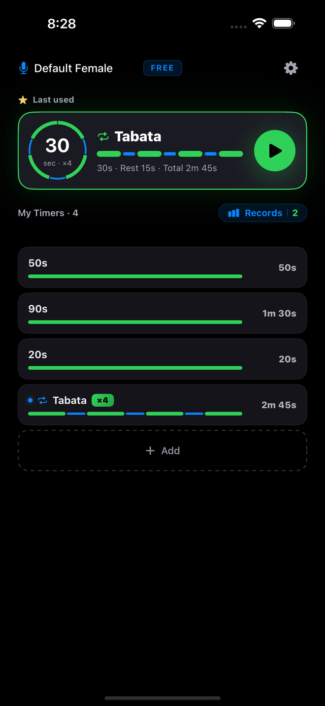 The main screen — the last-used preset on a large card above the preset list