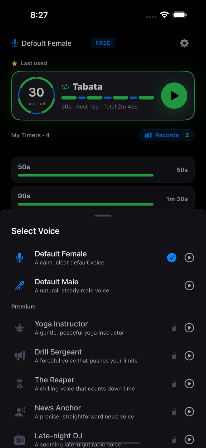 Voice character sheet — choosing a voice in ListenTimer