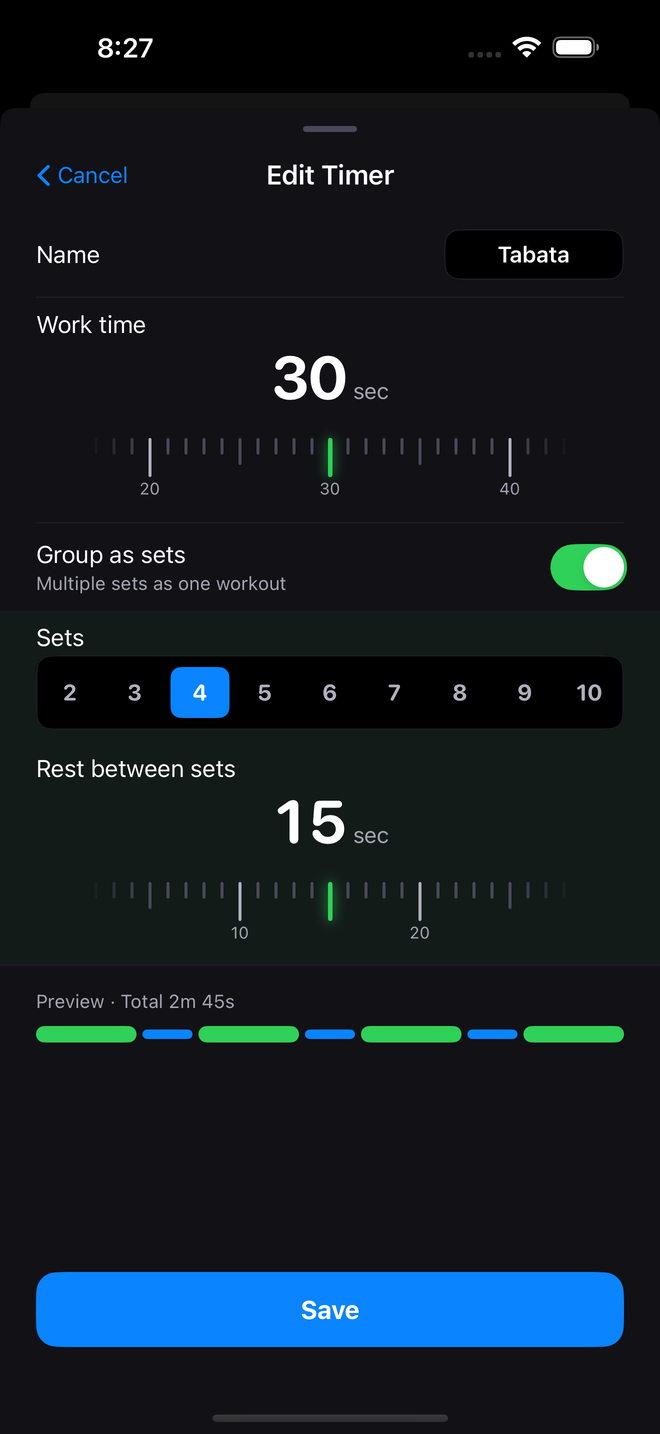 The routine editor — work time, rest time and the number of sets
