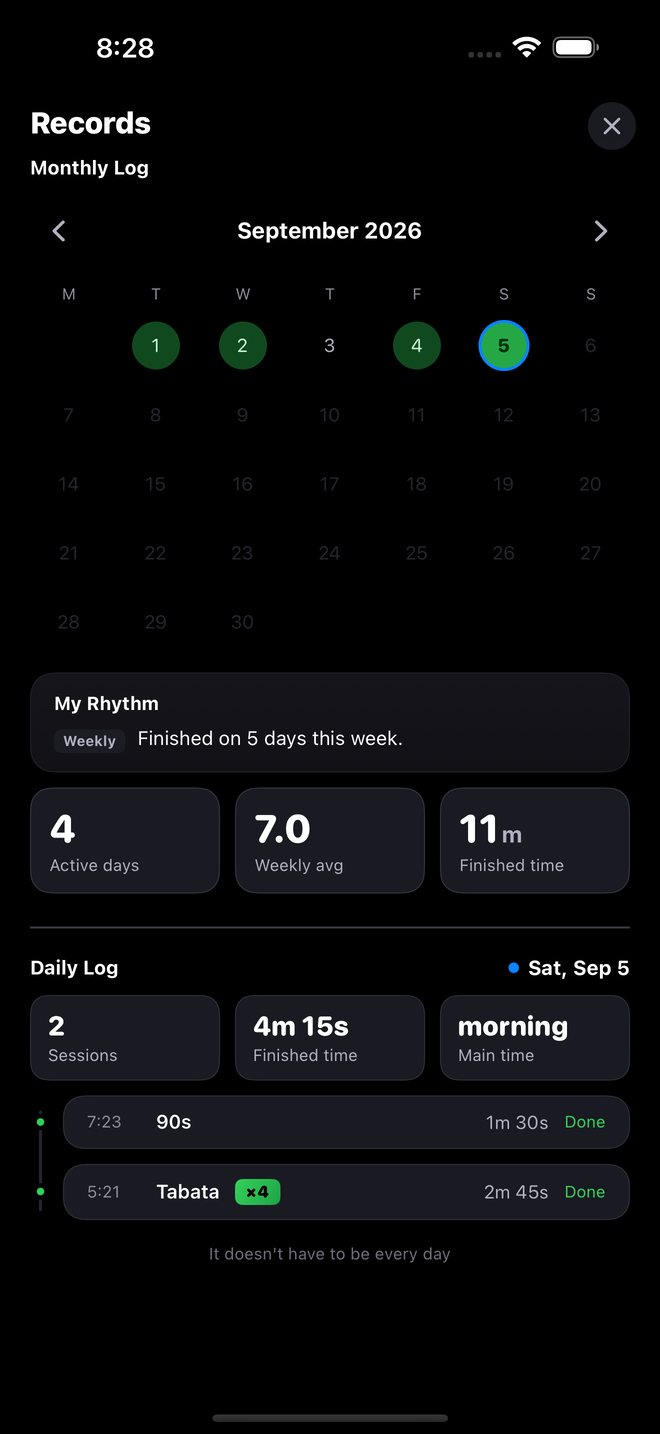 The records screen — a monthly calendar with the days you trained marked