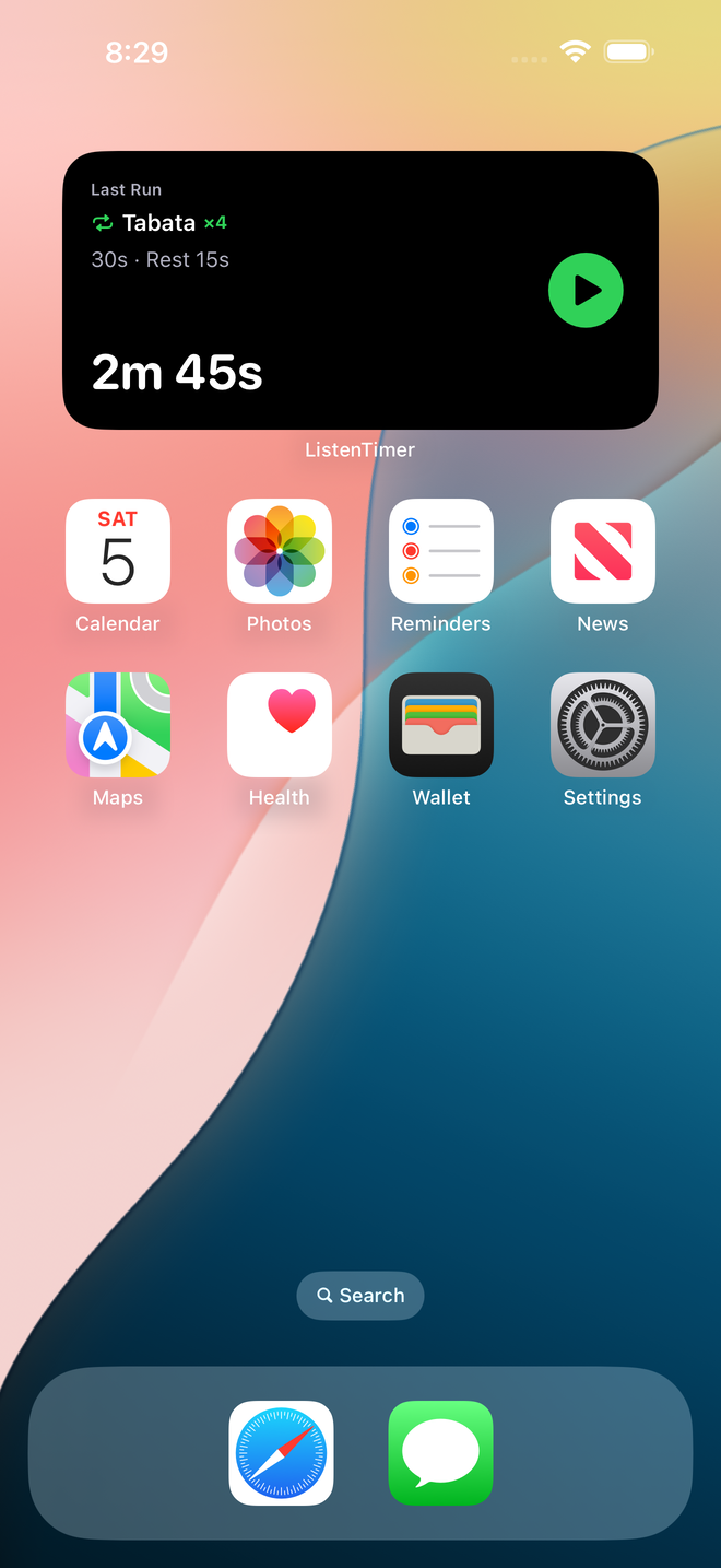 A Home Screen widget showing a ListenTimer preset ready to start