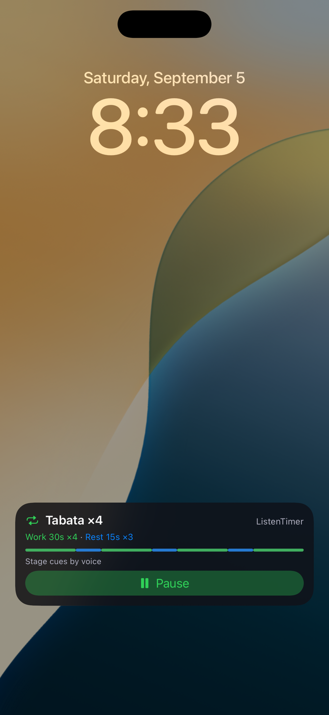 The Lock Screen showing the ListenTimer Live Activity with the remaining count