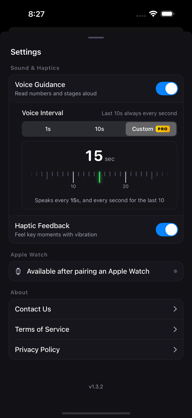 The speaking interval settings screen — every second, every 10 seconds, or a custom interval