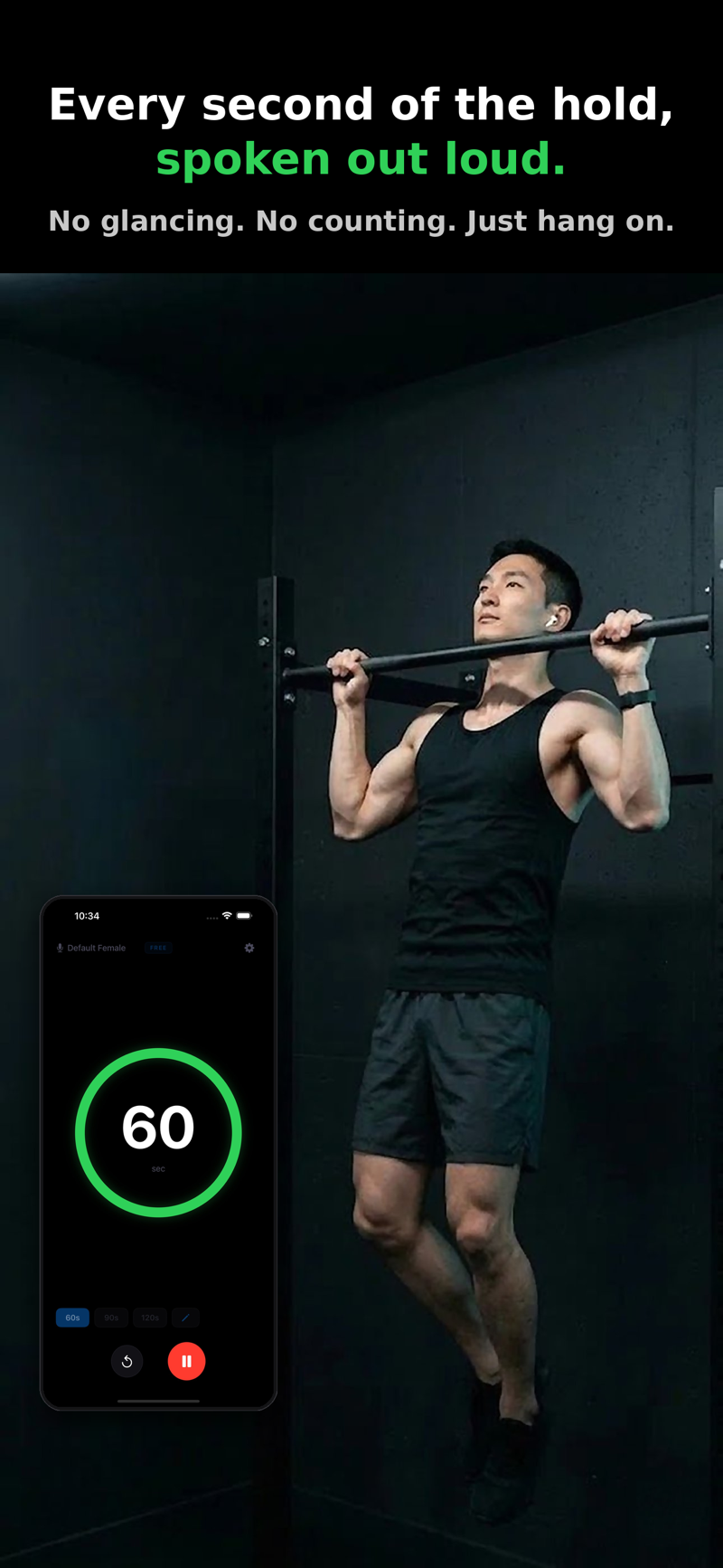 A man holding a pull-up with ListenTimer displaying a 60-second countdown