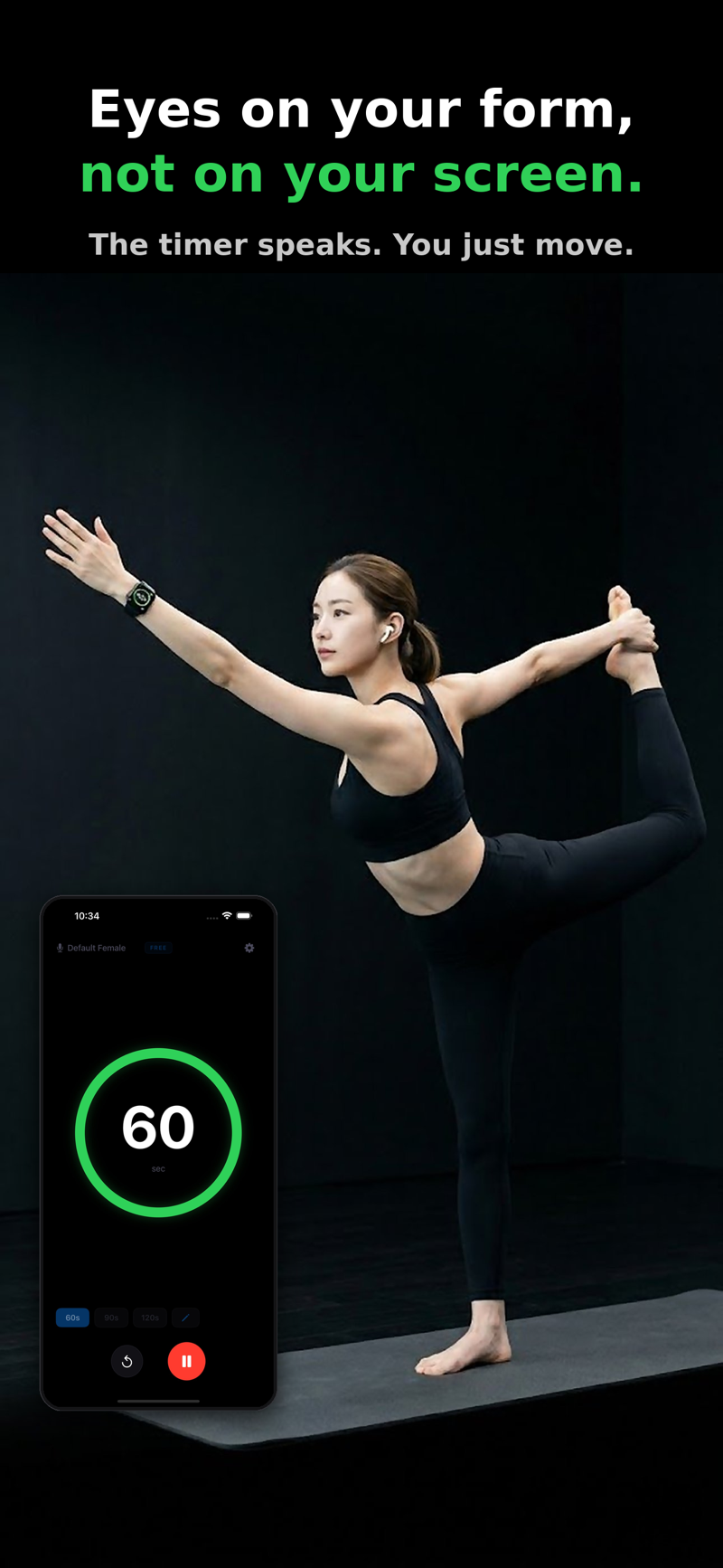 A woman holding a yoga pose with ListenTimer displaying a 60-second countdown